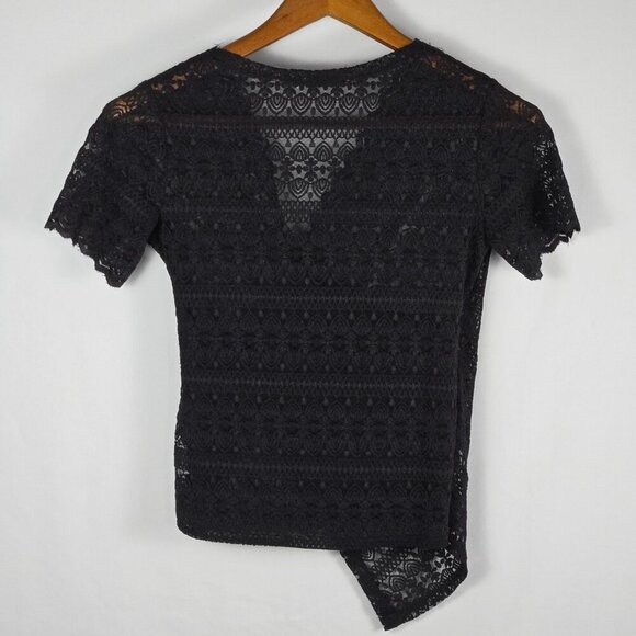 LUODING Gothic Black Lace Wrap Top w/ Grommet Corset Detail & Asymmetrical Hem - Picture 2 of 12